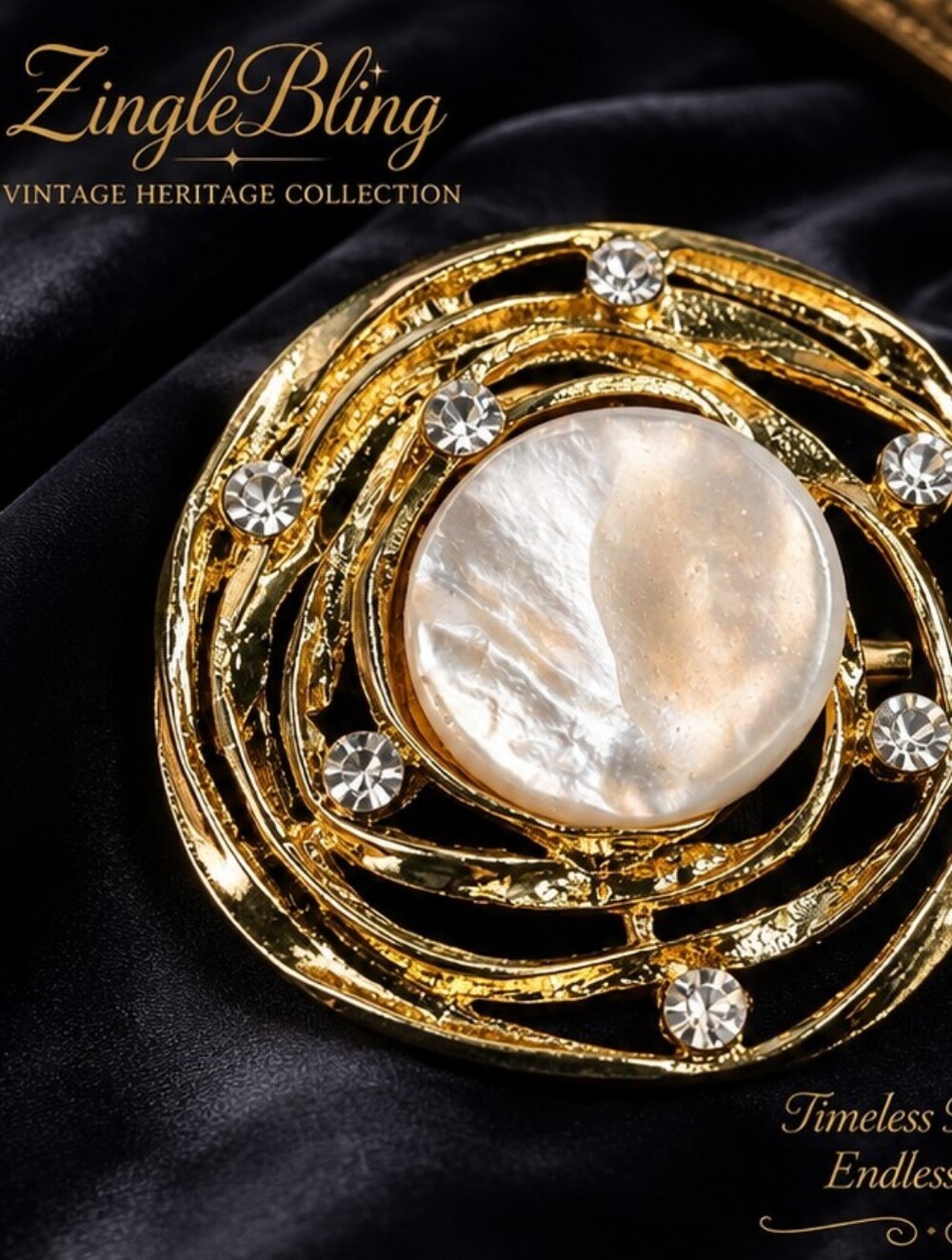 Vintage Mother of Pearl Rhinestone Brooch Gold Tone Statement Pin